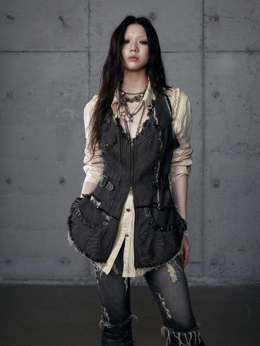 NO ROMANCE Punk Wasteland Layered Asymmetrical Cinched Waist Women'S Denim Vests