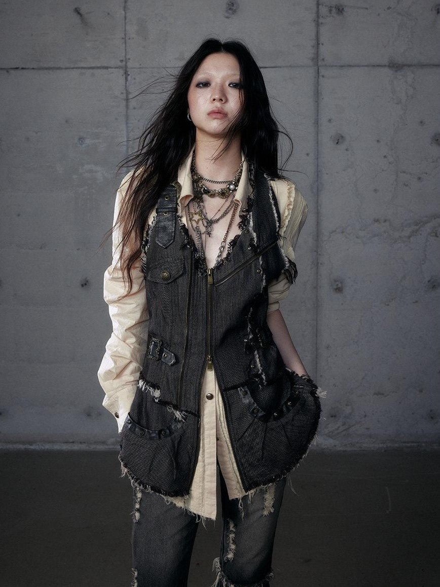 NO ROMANCE Punk Wasteland Layered Asymmetrical Cinched Waist Women'S Denim Vests