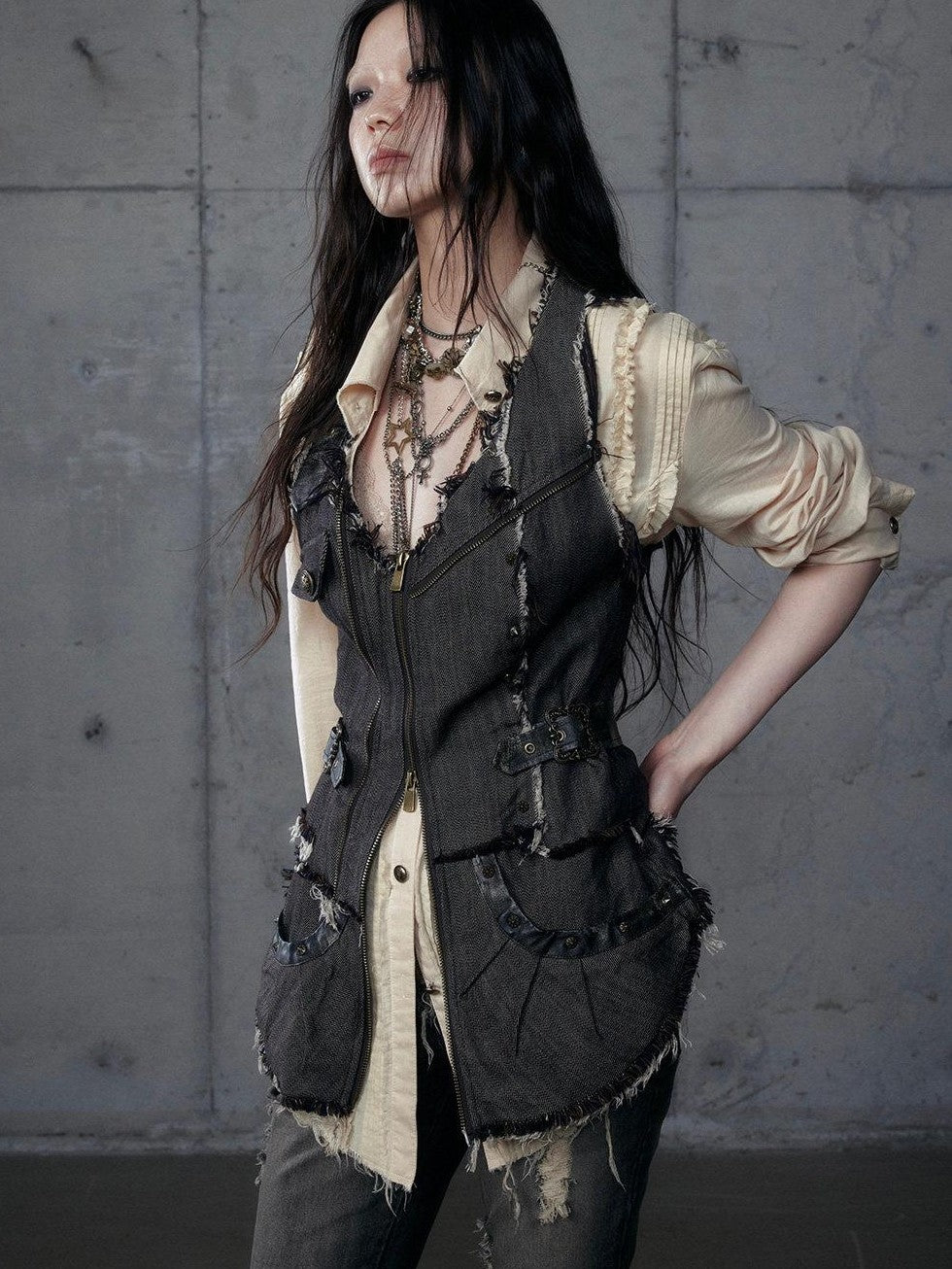 NO ROMANCE Punk Wasteland Layered Asymmetrical Cinched Waist Women'S Denim Vests