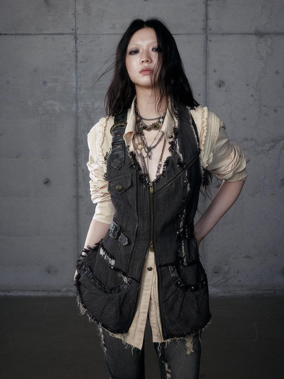 NO ROMANCE Punk Wasteland Layered Asymmetrical Cinched Waist Women'S Denim Vests
