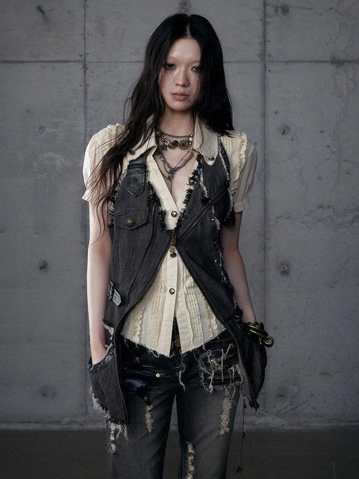 NO ROMANCE Punk Wasteland Layered Asymmetrical Cinched Waist Women'S Denim Vests