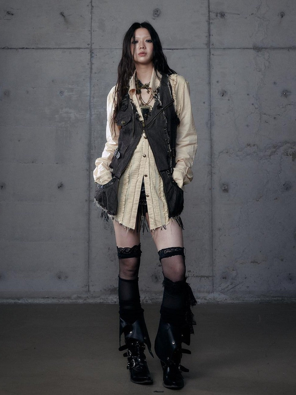 NO ROMANCE Punk Wasteland Layered Asymmetrical Cinched Waist Women'S Denim Vests