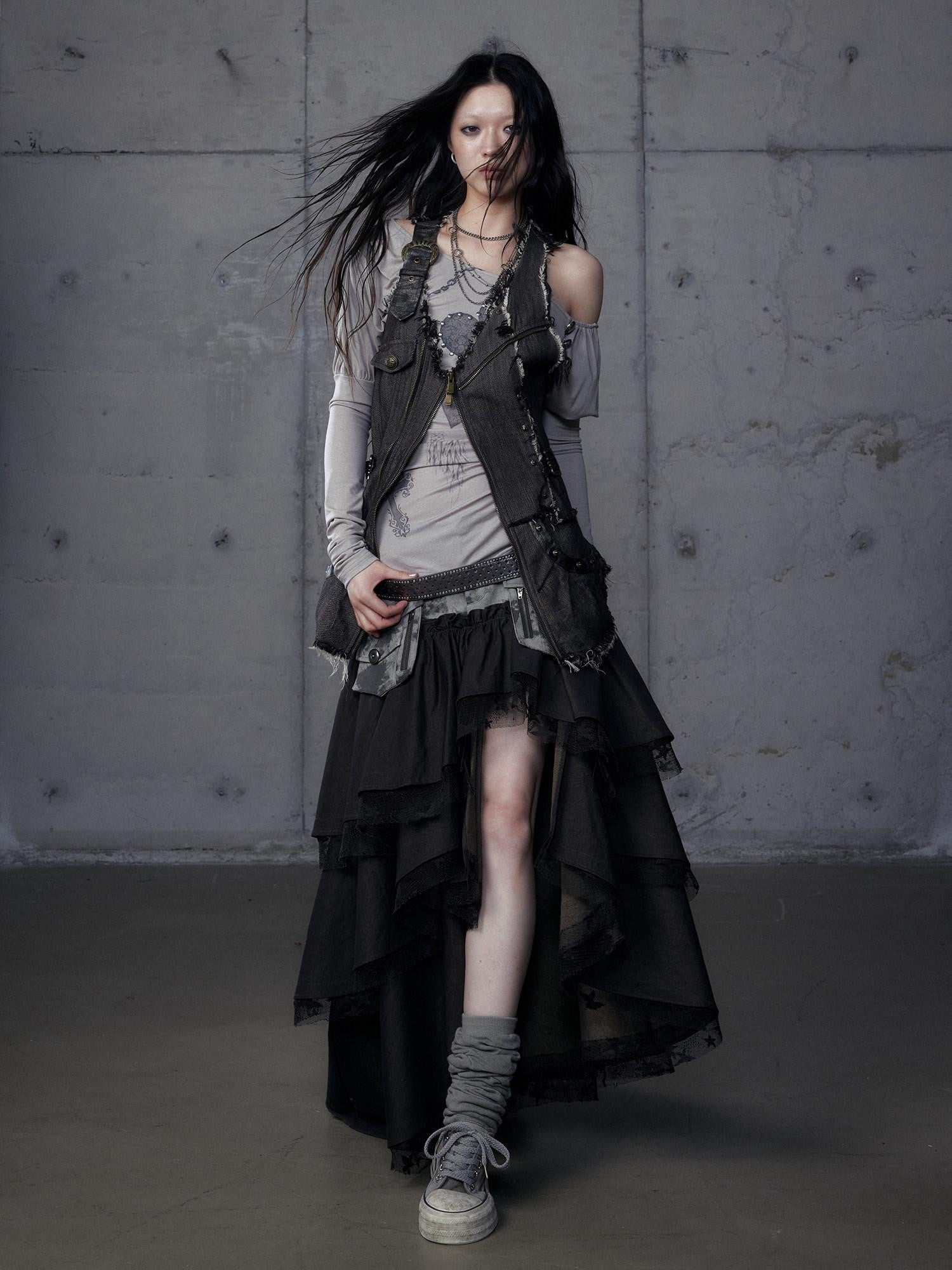 NO ROMANCE Punk Wasteland Layered Asymmetrical Cinched Waist Women'S Denim Vests