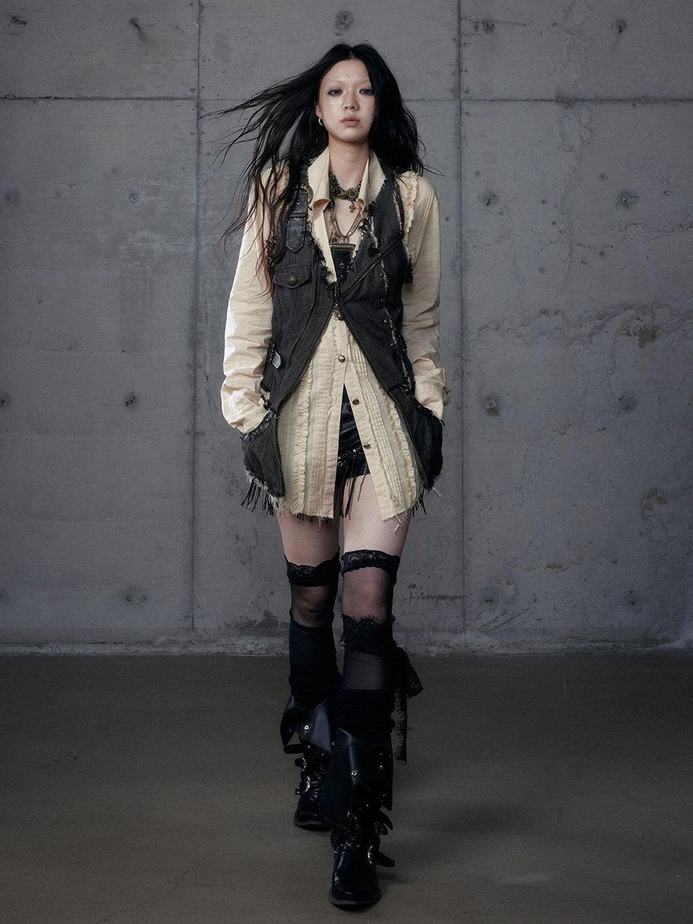 NO ROMANCE Punk Wasteland Layered Asymmetrical Cinched Waist Women'S Denim Vests
