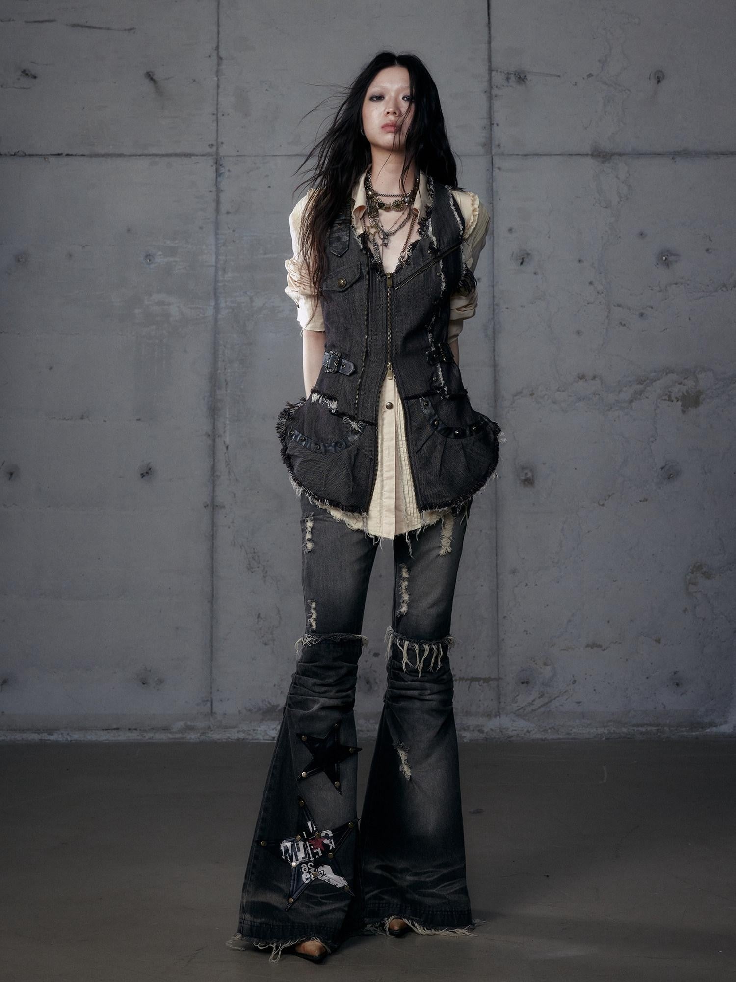 NO ROMANCE Punk Wasteland Layered Asymmetrical Cinched Waist Women'S Denim Vests