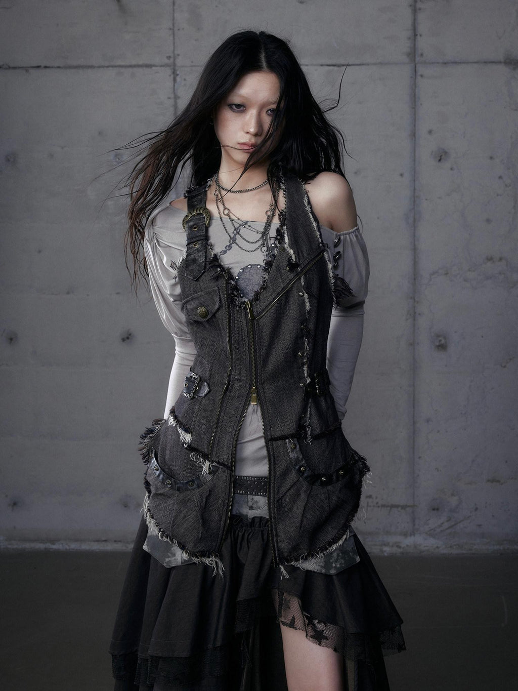 NO ROMANCE Punk Wasteland Layered Asymmetrical Cinched Waist Women'S Denim Vests