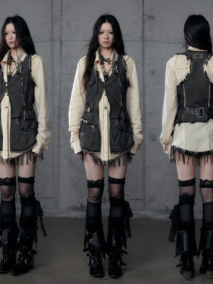NO ROMANCE Punk Wasteland Layered Asymmetrical Cinched Waist Women'S Denim Vests
