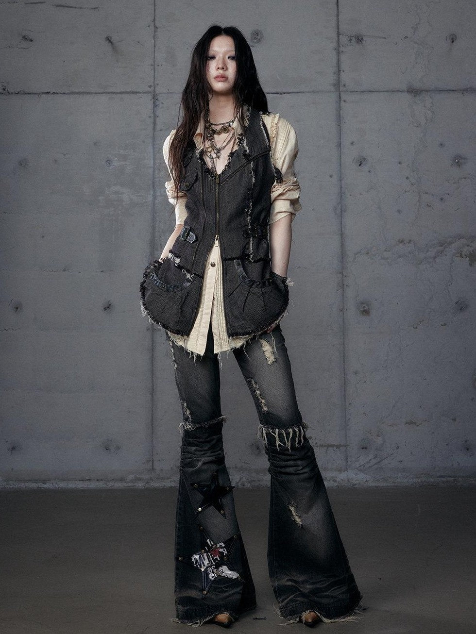 NO ROMANCE Punk Wasteland Layered Asymmetrical Cinched Waist Women'S Denim Vests