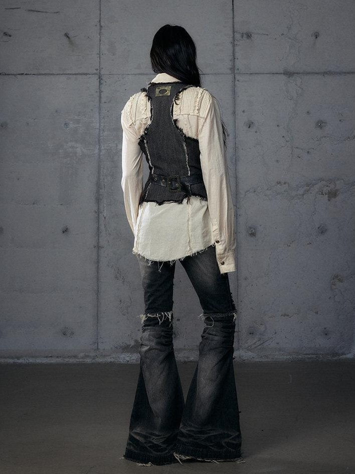 NO ROMANCE Punk Wasteland Layered Asymmetrical Cinched Waist Women'S Denim Vests