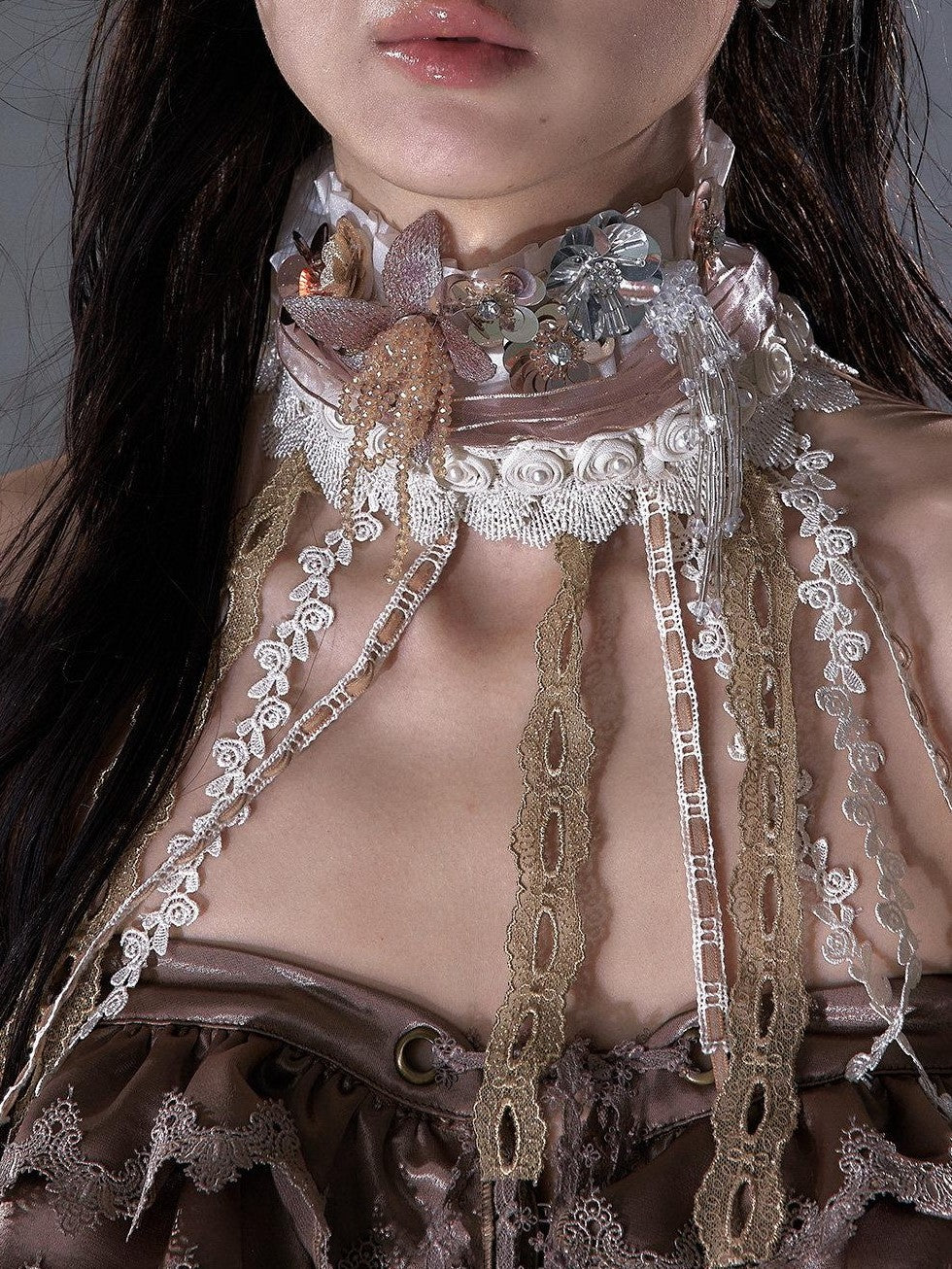 NO ROMANCE Regal Pleated Handmade Beaded Floral Collar Women'S Silk Scarf Belts