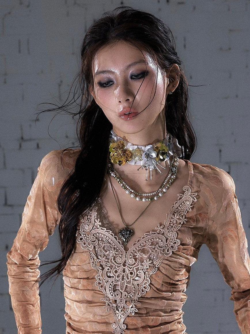 NO ROMANCE Regal Pleated Handmade Beaded Floral Collar Women'S Silk Scarf Belts
