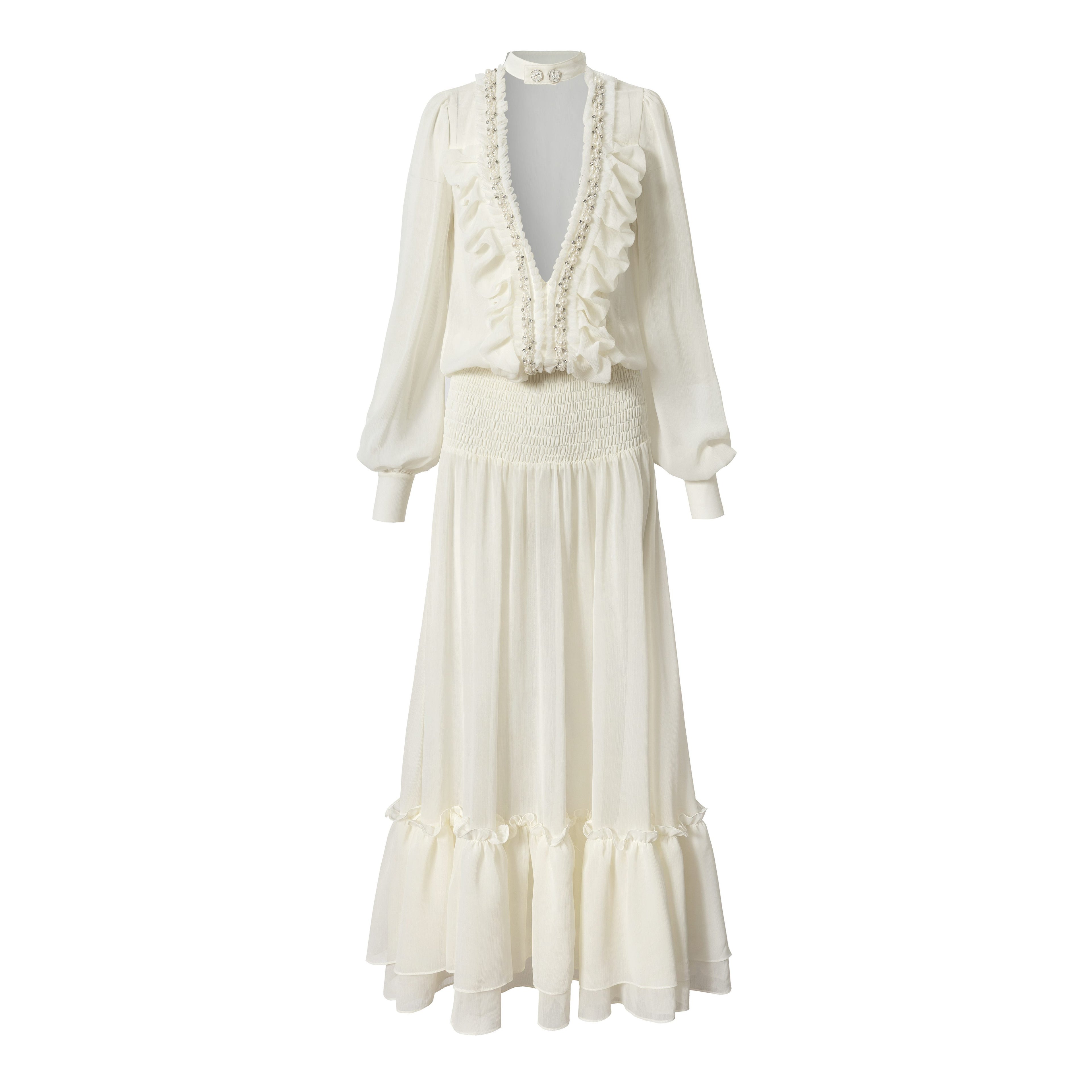 NO_ROMANCE_Regal_Resort_Pleated_Deep_V_Long_Sleeve_A_Line_Women'S_Chiffon_Maxi_Dresses_MISSTT