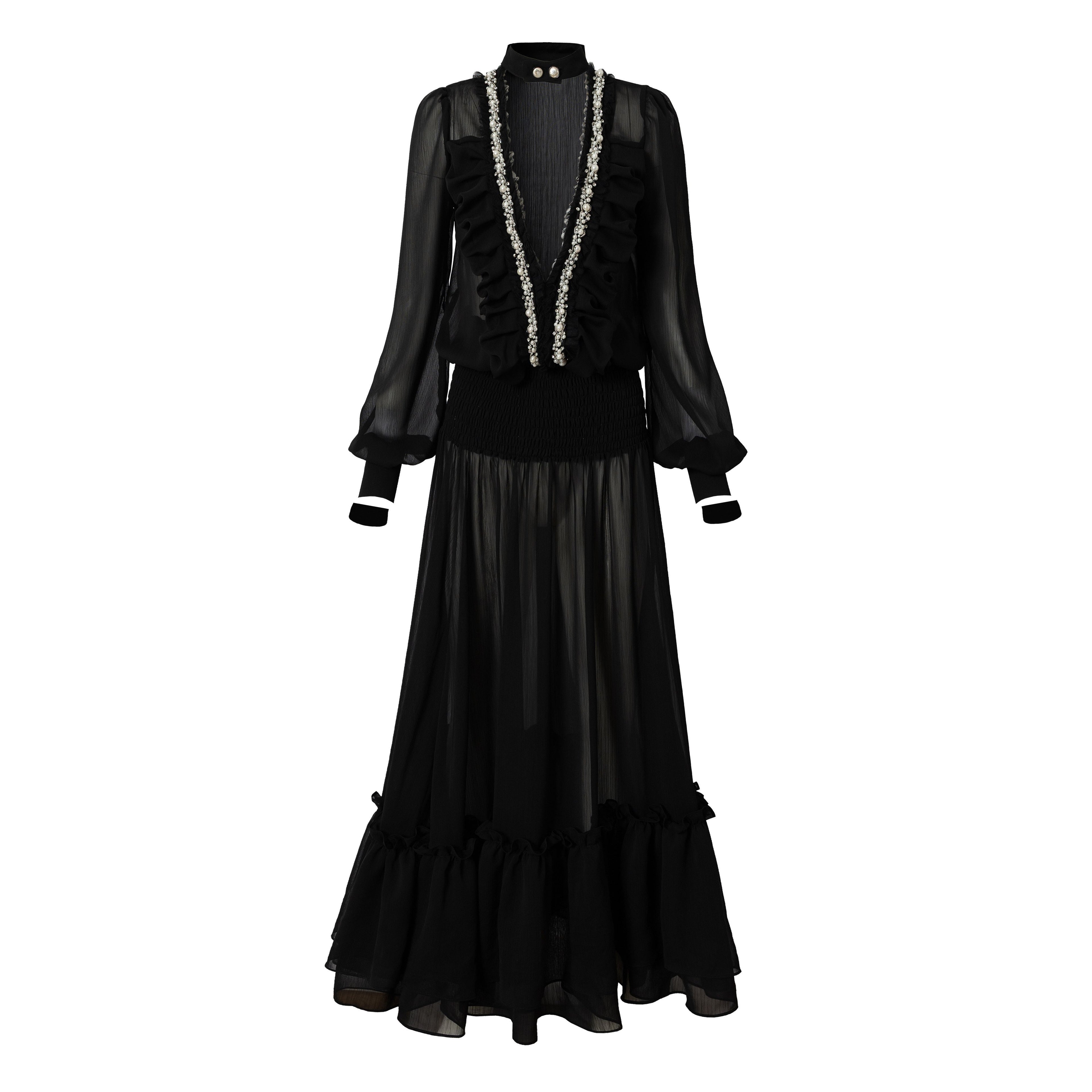 NO_ROMANCE_Regal_Resort_Pleated_Deep_V_Long_Sleeve_A_Line_Women'S_Chiffon_Maxi_Dresses_MISSTT