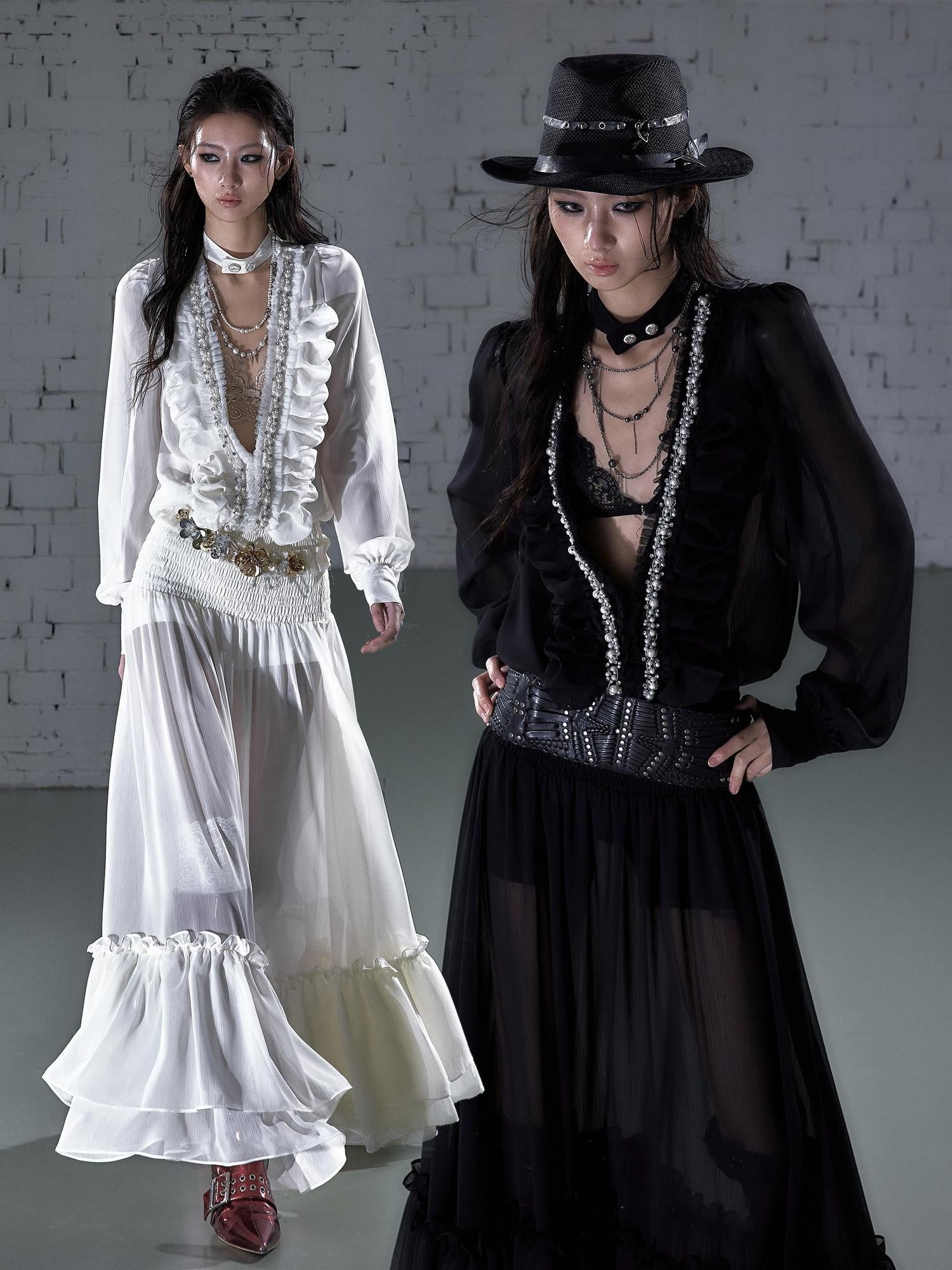 NO ROMANCE Regal Resort Pleated Deep V Long Sleeve A Line Women'S Chiffon Maxi Dresses