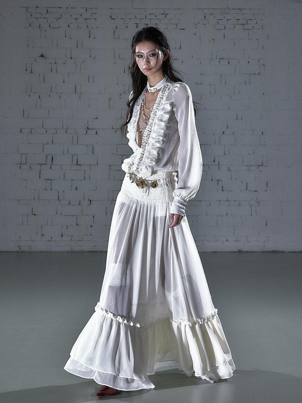 NO ROMANCE Regal Resort Pleated Deep V Long Sleeve A Line Women'S Chiffon Maxi Dresses