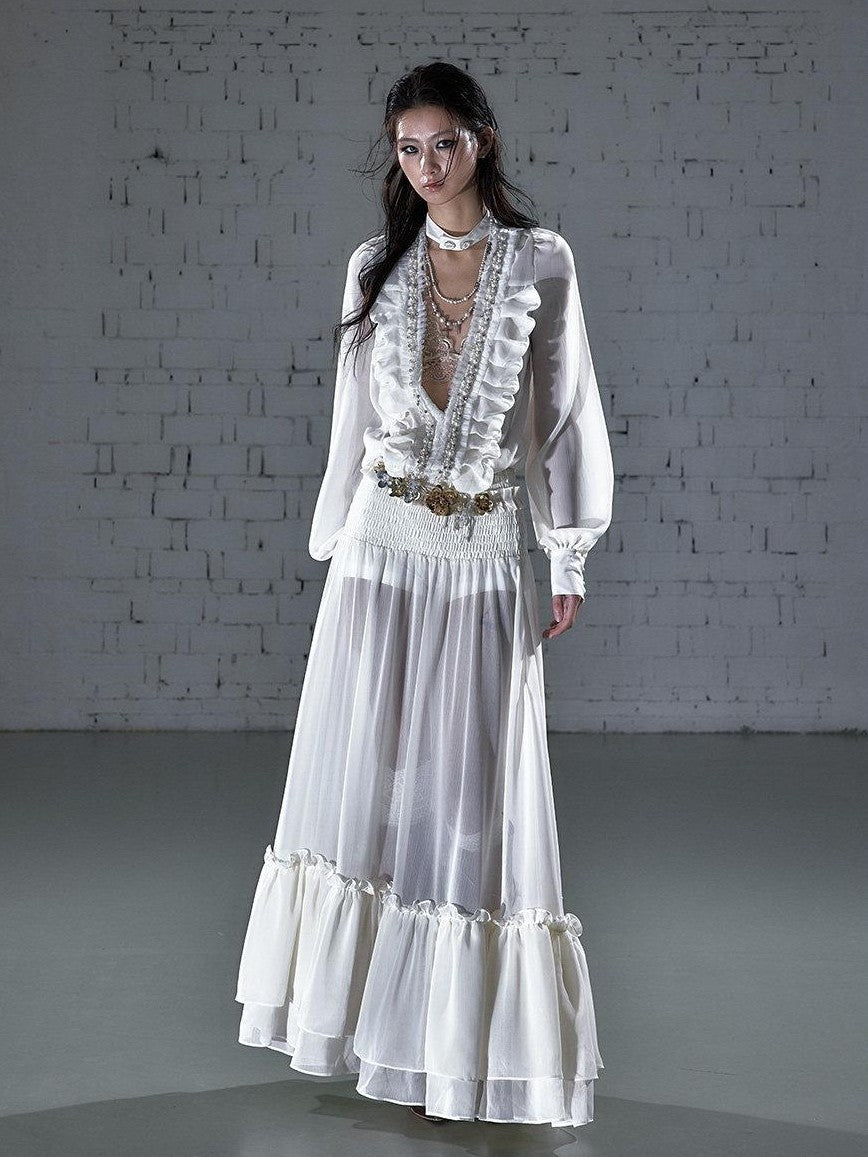 NO ROMANCE Regal Resort Pleated Deep V Long Sleeve A Line Women'S Chiffon Maxi Dresses