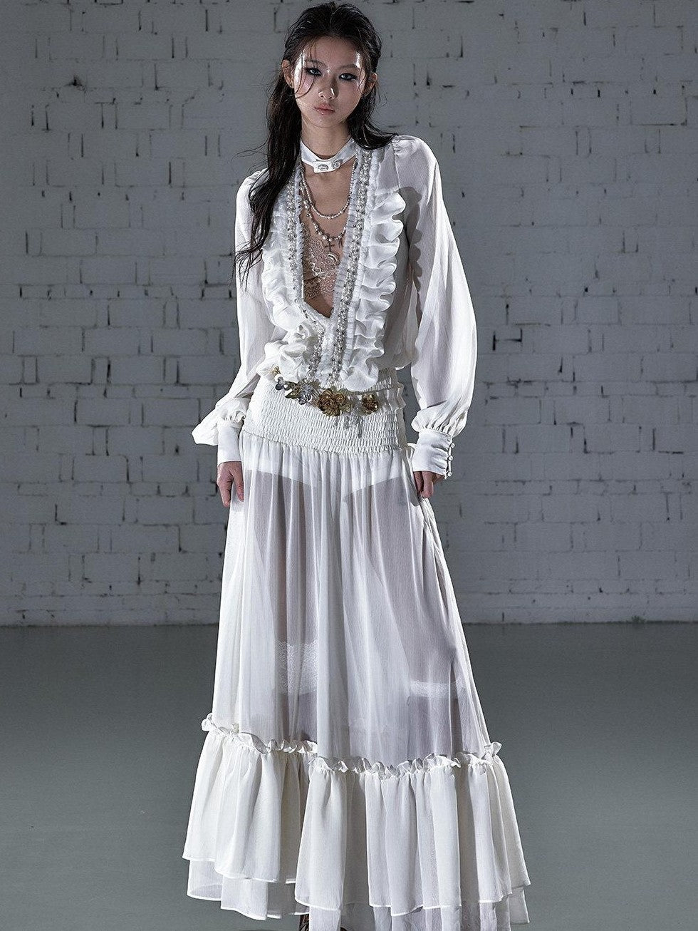 NO ROMANCE Regal Resort Pleated Deep V Long Sleeve A Line Women'S Chiffon Maxi Dresses