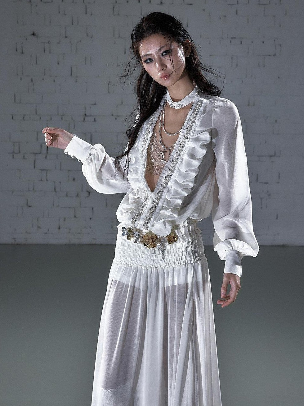 NO ROMANCE Regal Resort Pleated Deep V Long Sleeve A Line Women'S Chiffon Maxi Dresses