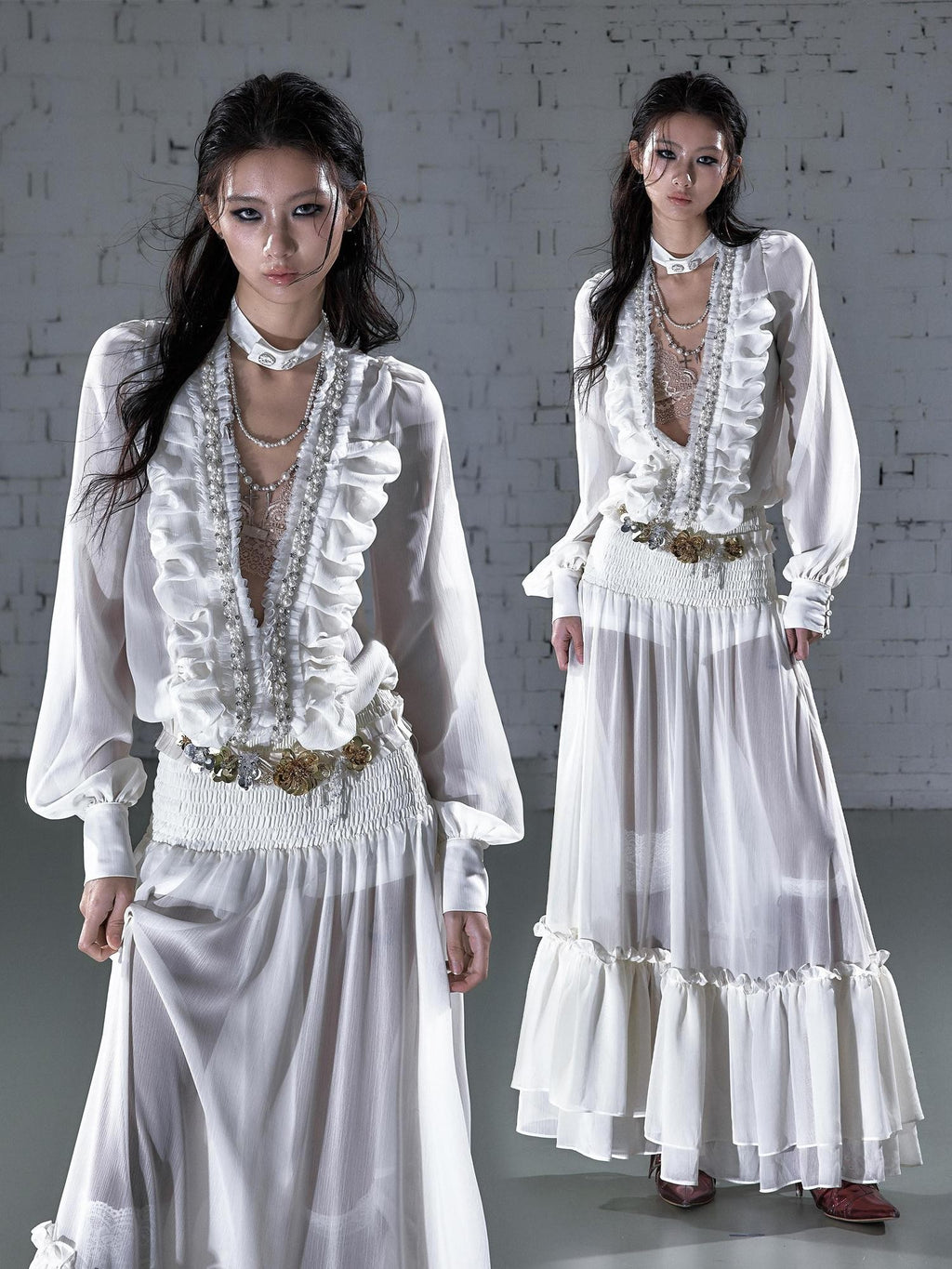 NO ROMANCE Regal Resort Pleated Deep V Long Sleeve A Line Women'S Chiffon Maxi Dresses