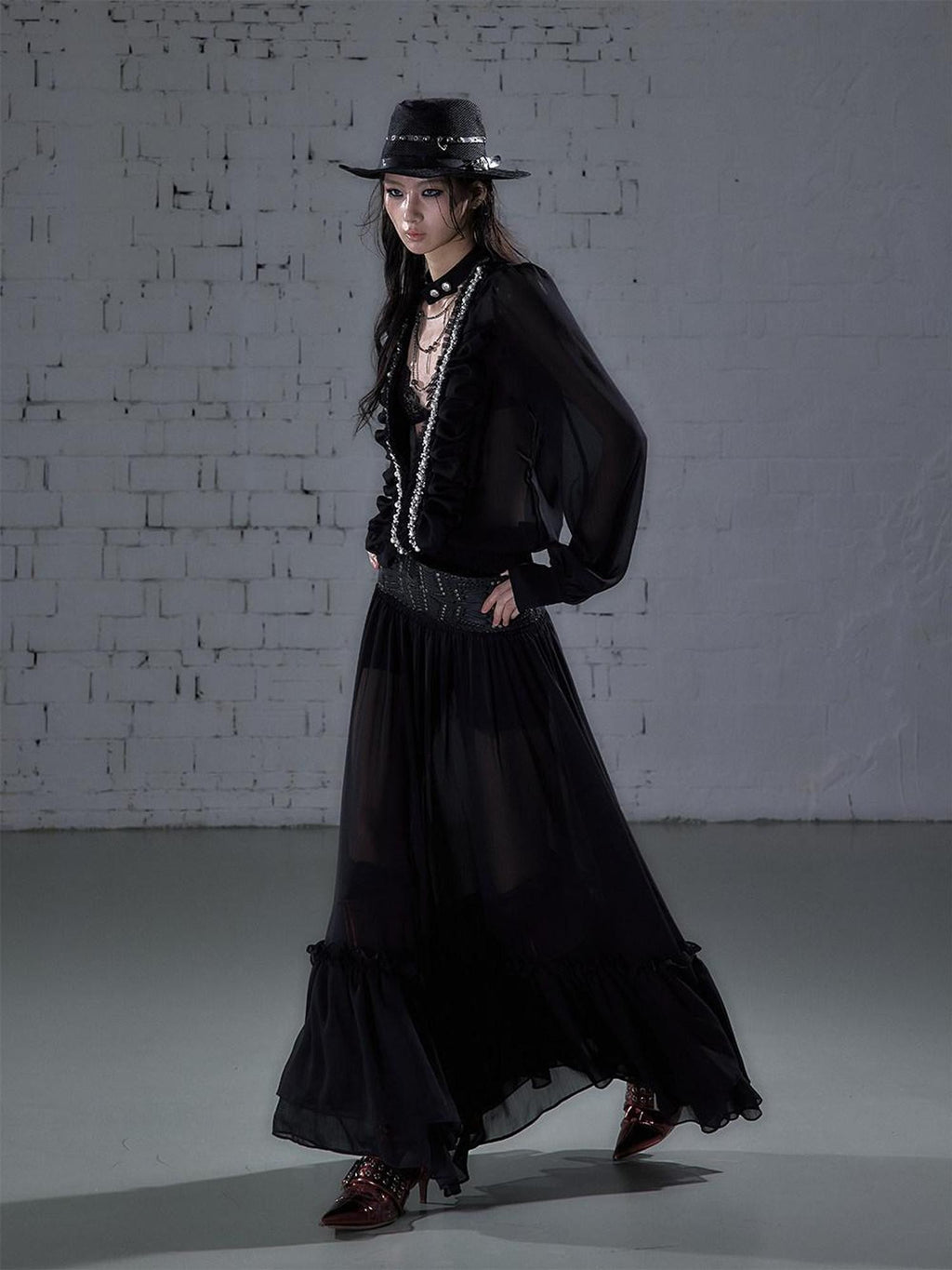 NO ROMANCE Regal Resort Pleated Deep V Long Sleeve A Line Women'S Chiffon Maxi Dresses