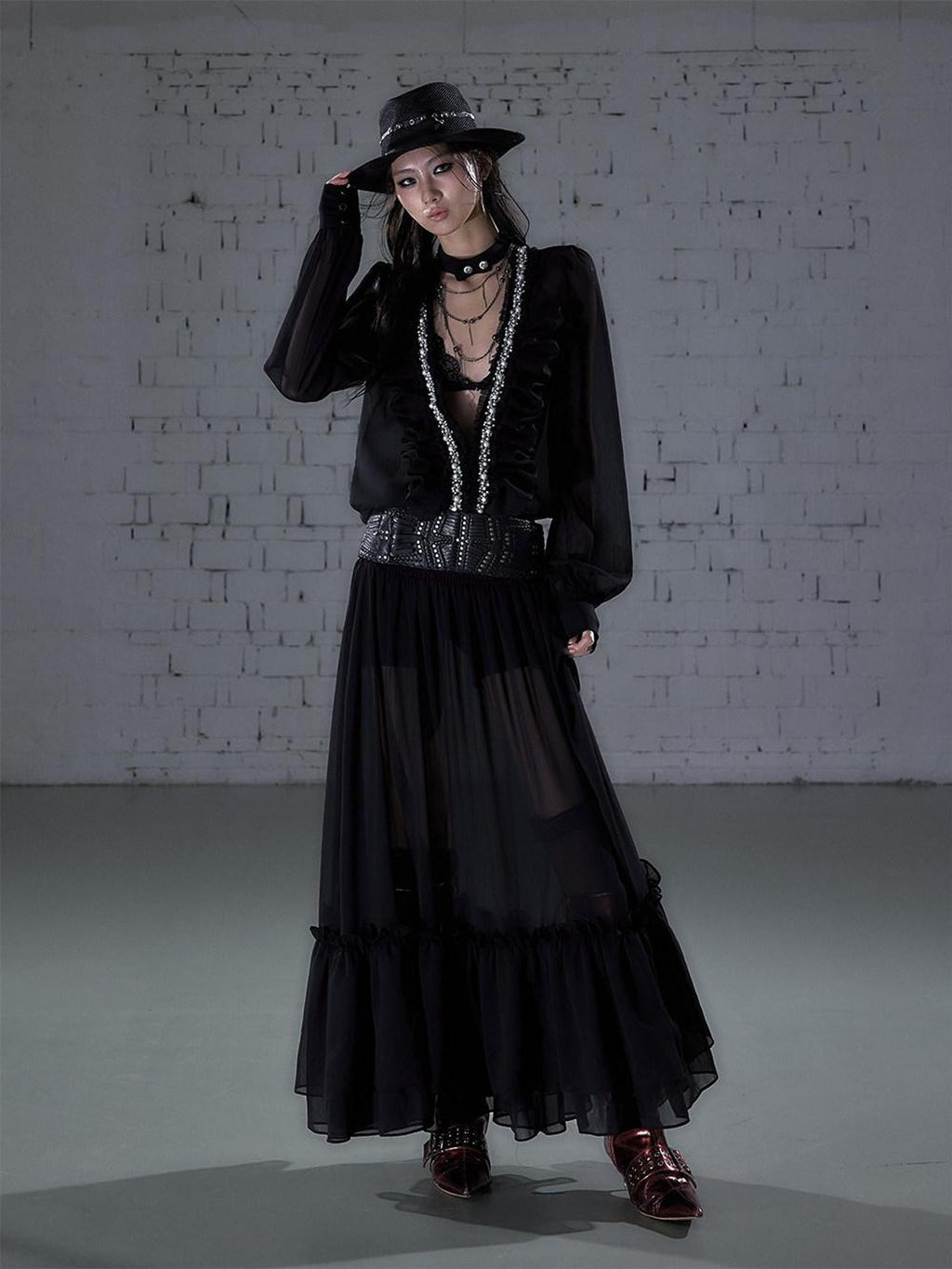 NO ROMANCE Regal Resort Pleated Deep V Long Sleeve A Line Women'S Chiffon Maxi Dresses