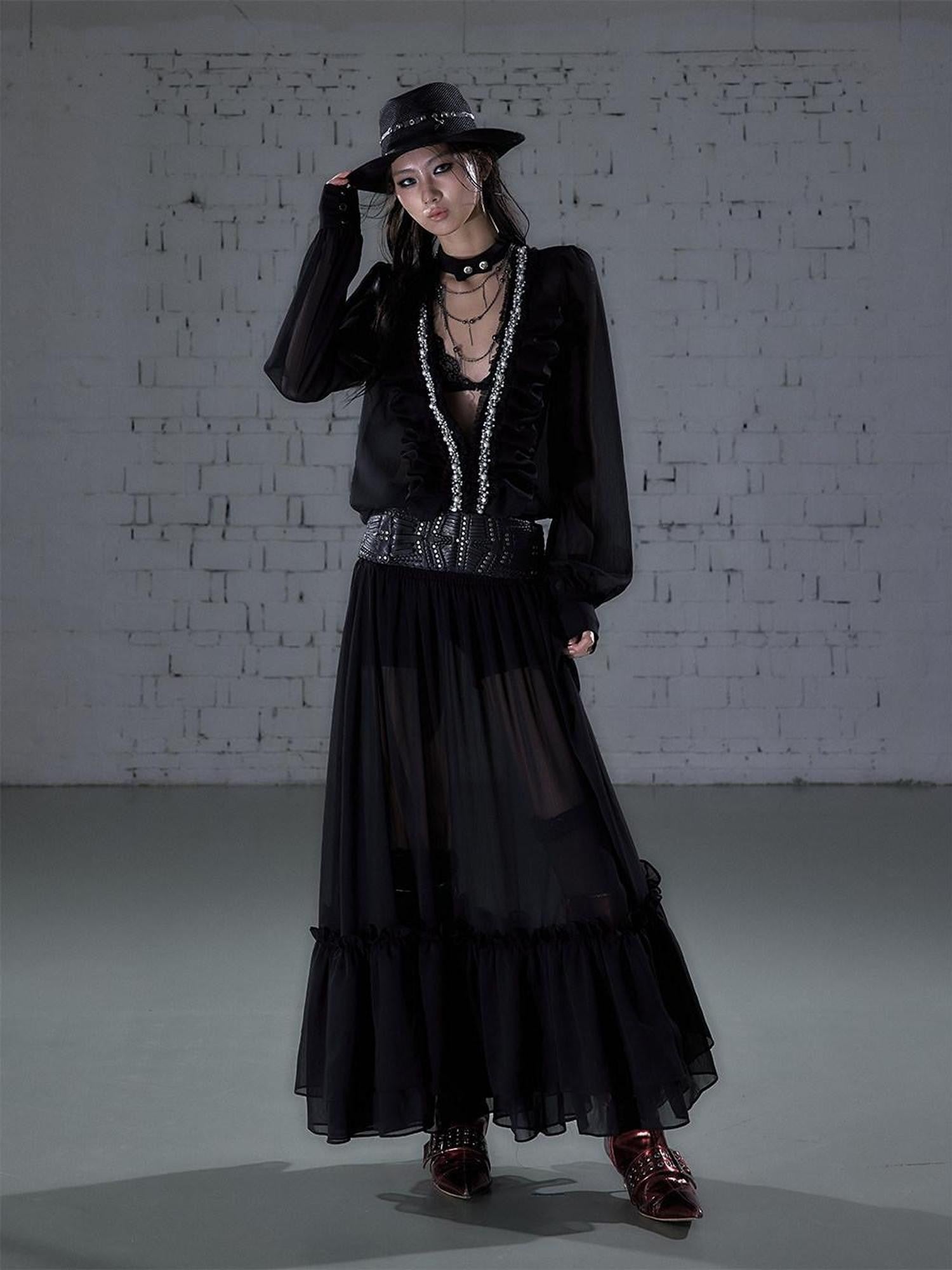 NO ROMANCE Regal Resort Pleated Deep V Long Sleeve A Line Women'S Chiffon Maxi Dresses