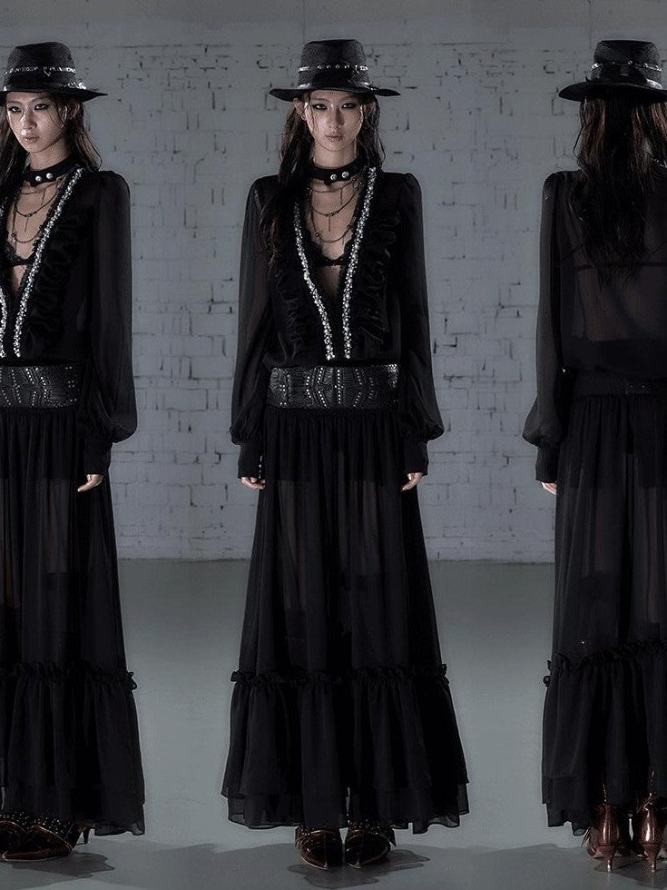 NO ROMANCE Regal Resort Pleated Deep V Long Sleeve A Line Women'S Chiffon Maxi Dresses