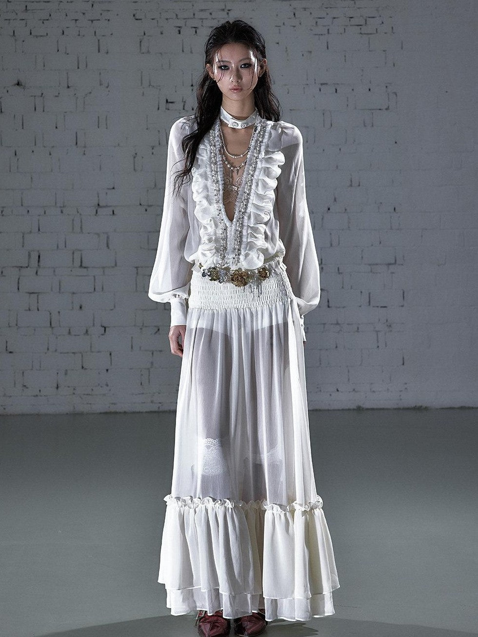 NO ROMANCE Regal Resort Pleated Deep V Long Sleeve A Line Women'S Chiffon Maxi Dresses