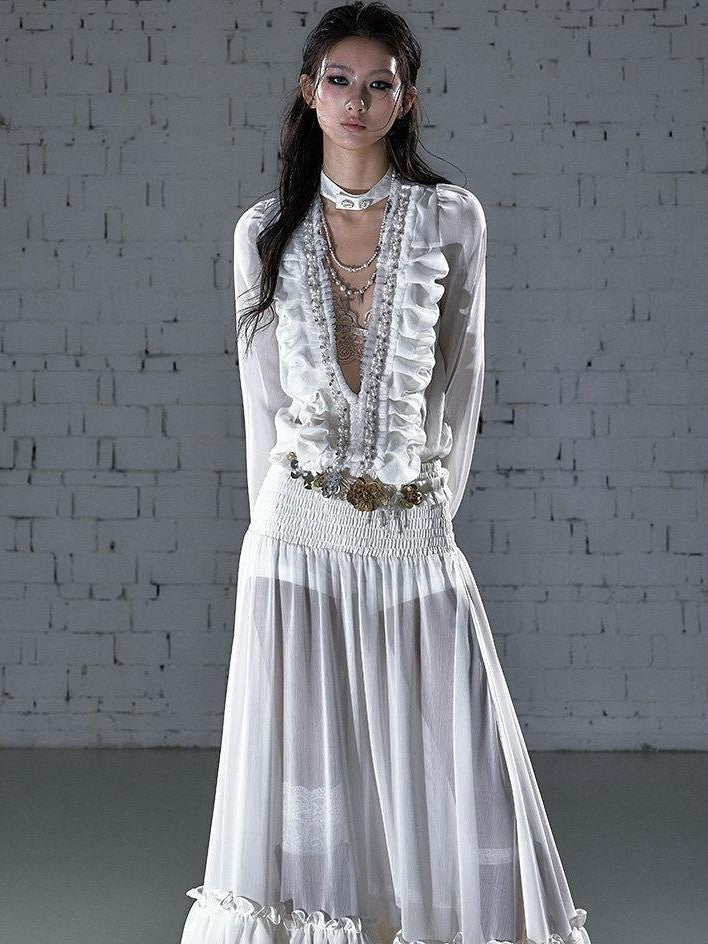 NO ROMANCE Regal Resort Pleated Deep V Long Sleeve A Line Women'S Chiffon Maxi Dresses