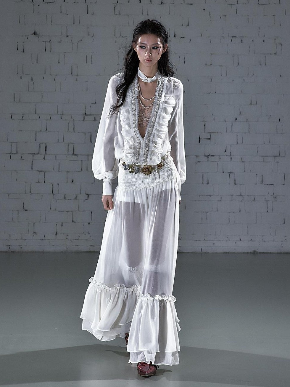 NO ROMANCE Regal Resort Pleated Deep V Long Sleeve A Line Women'S Chiffon Maxi Dresses