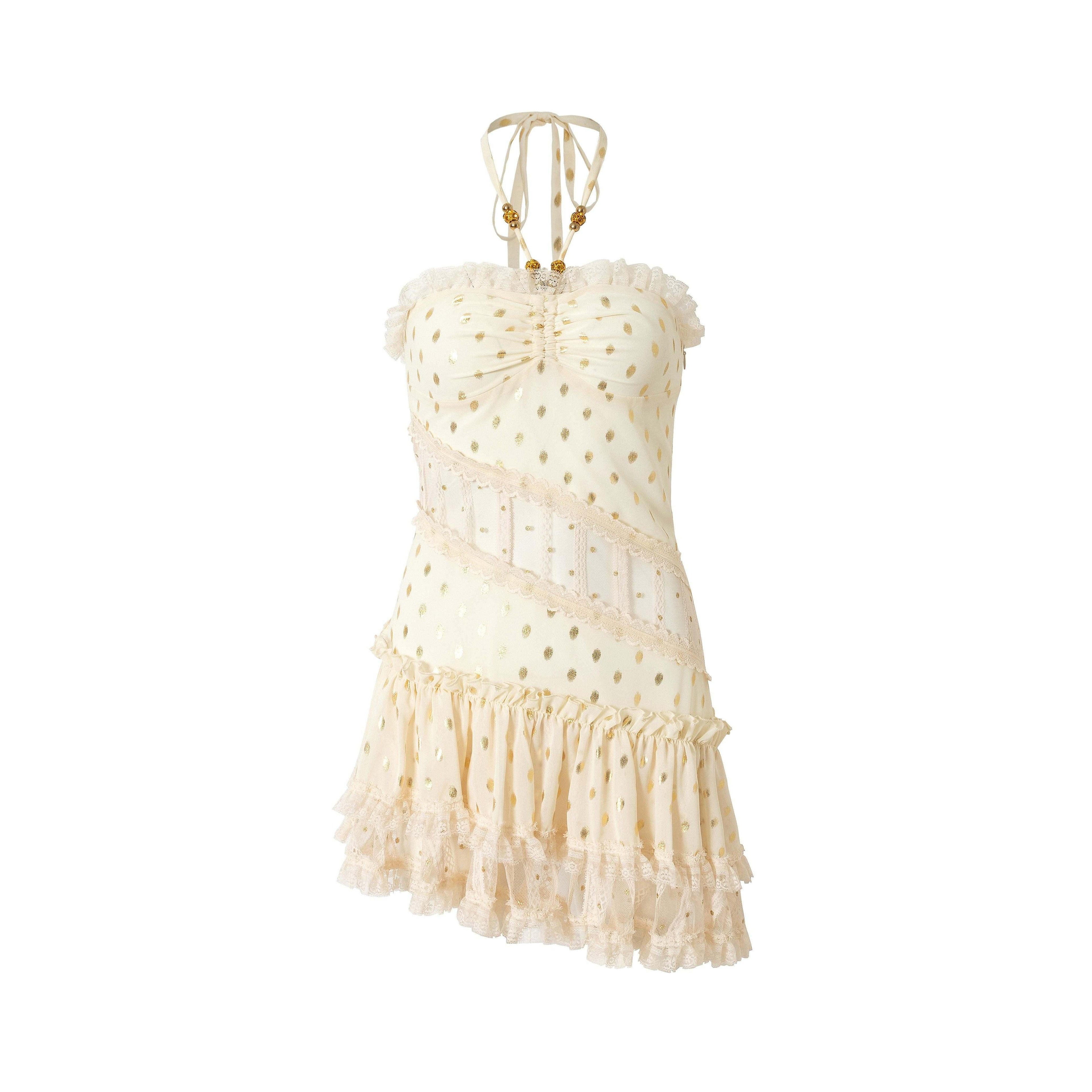 NO_ROMANCE_Retro_Polka_Dot_Gold_Foil_Lace_Halter_Women'S_Polyester_Strapless_Mini_Dresses_MISSTT