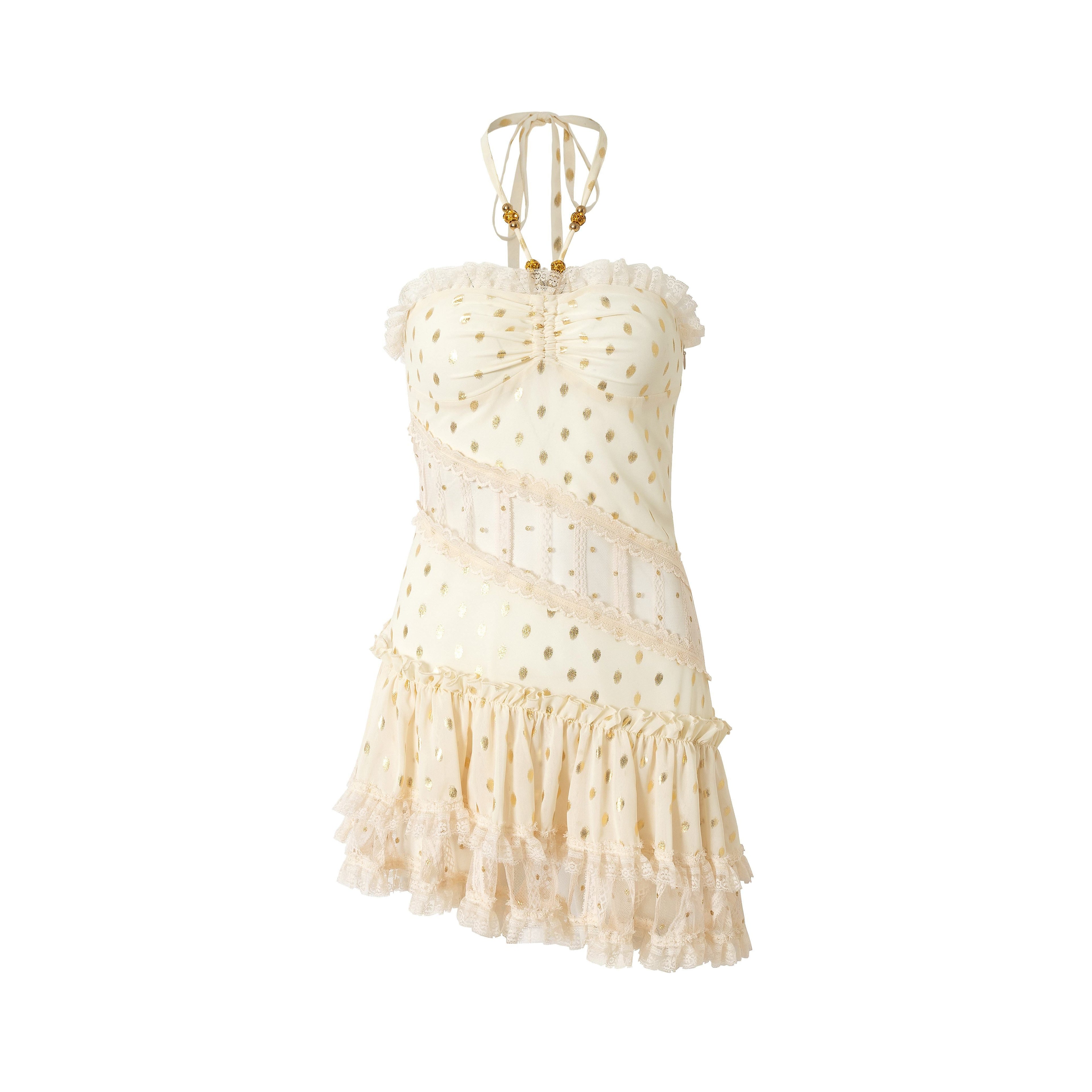 NO_ROMANCE_Retro_Polka_Dot_Gold_Foil_Lace_Halter_Women'S_Polyester_Strapless_Mini_Dresses_MISSTT