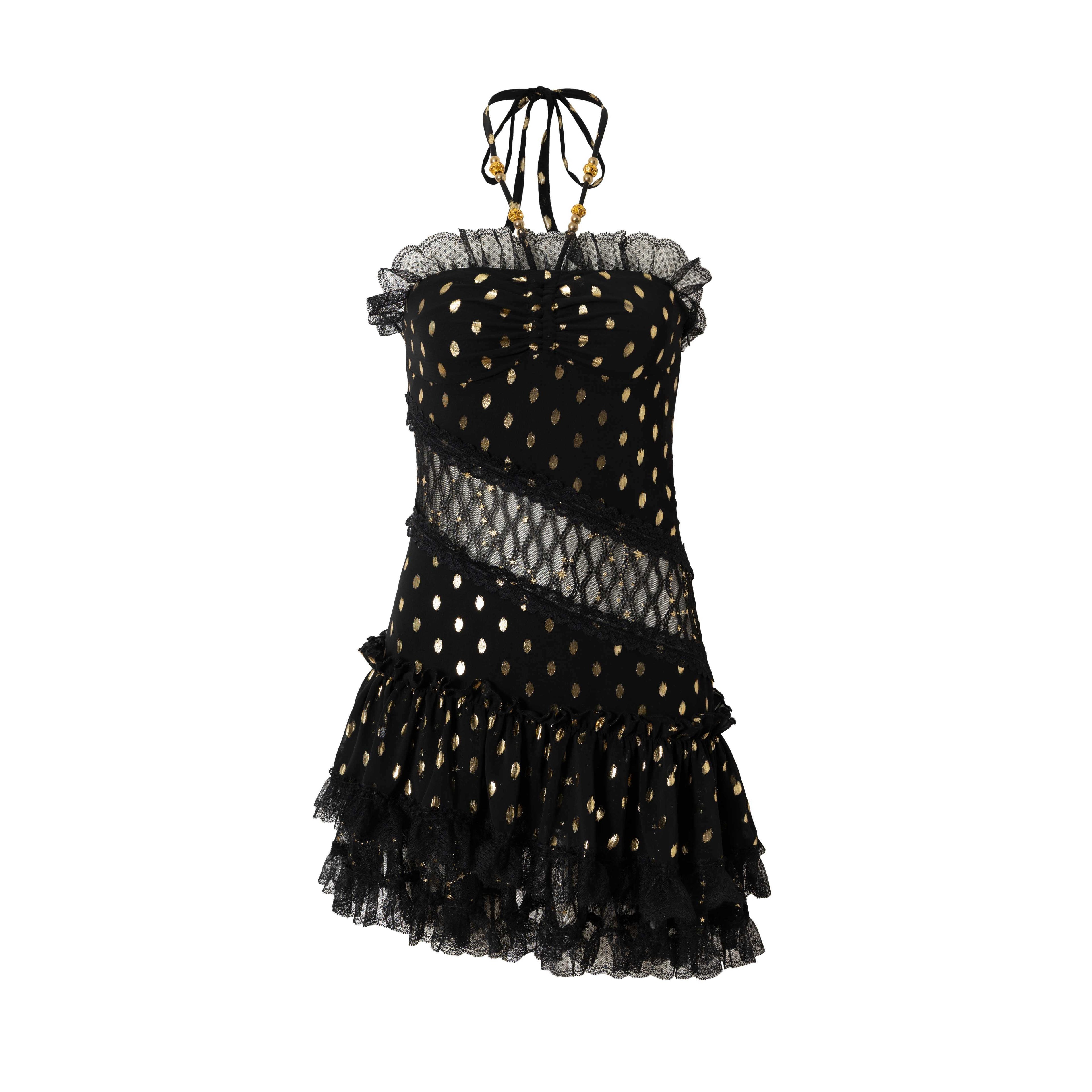 NO_ROMANCE_Retro_Polka_Dot_Gold_Foil_Lace_Halter_Women'S_Polyester_Strapless_Mini_Dresses_MISSTT