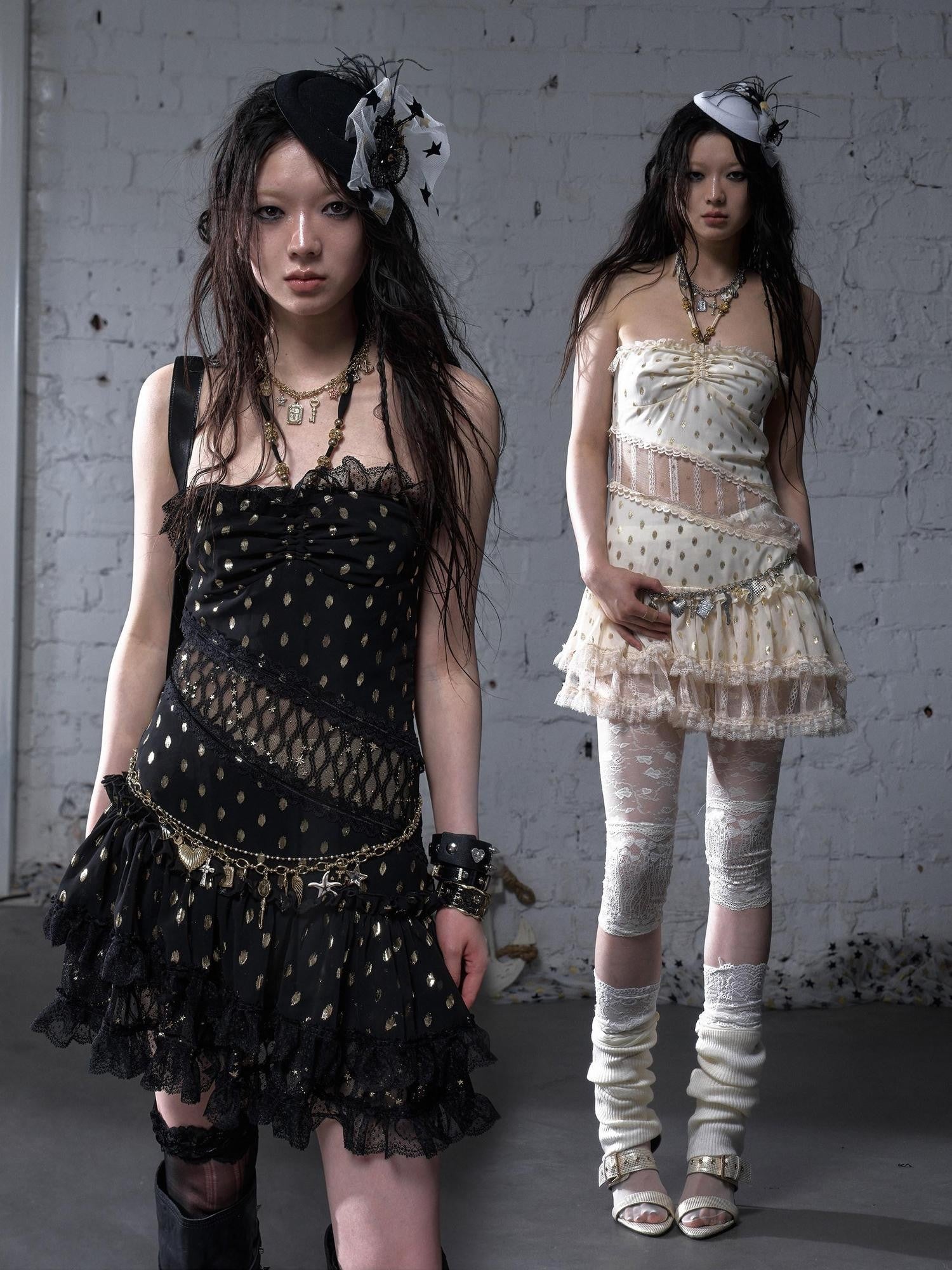 NO ROMANCE Retro Polka Dot Gold Foil Lace Halter Women'S Polyester Strapless Mini Dresses