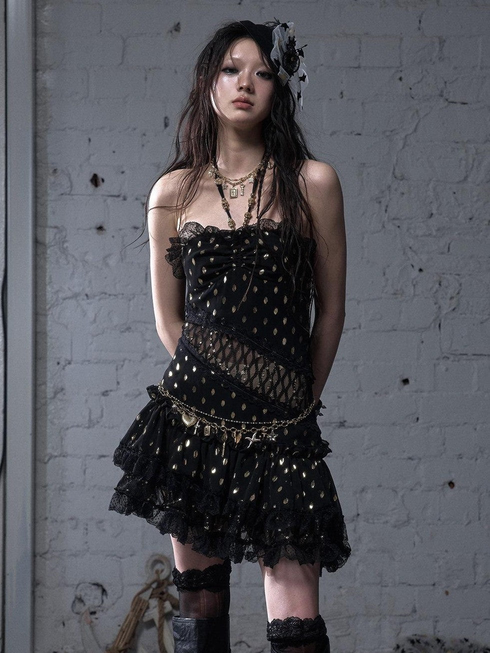 NO ROMANCE Retro Polka Dot Gold Foil Lace Halter Women'S Polyester Strapless Mini Dresses