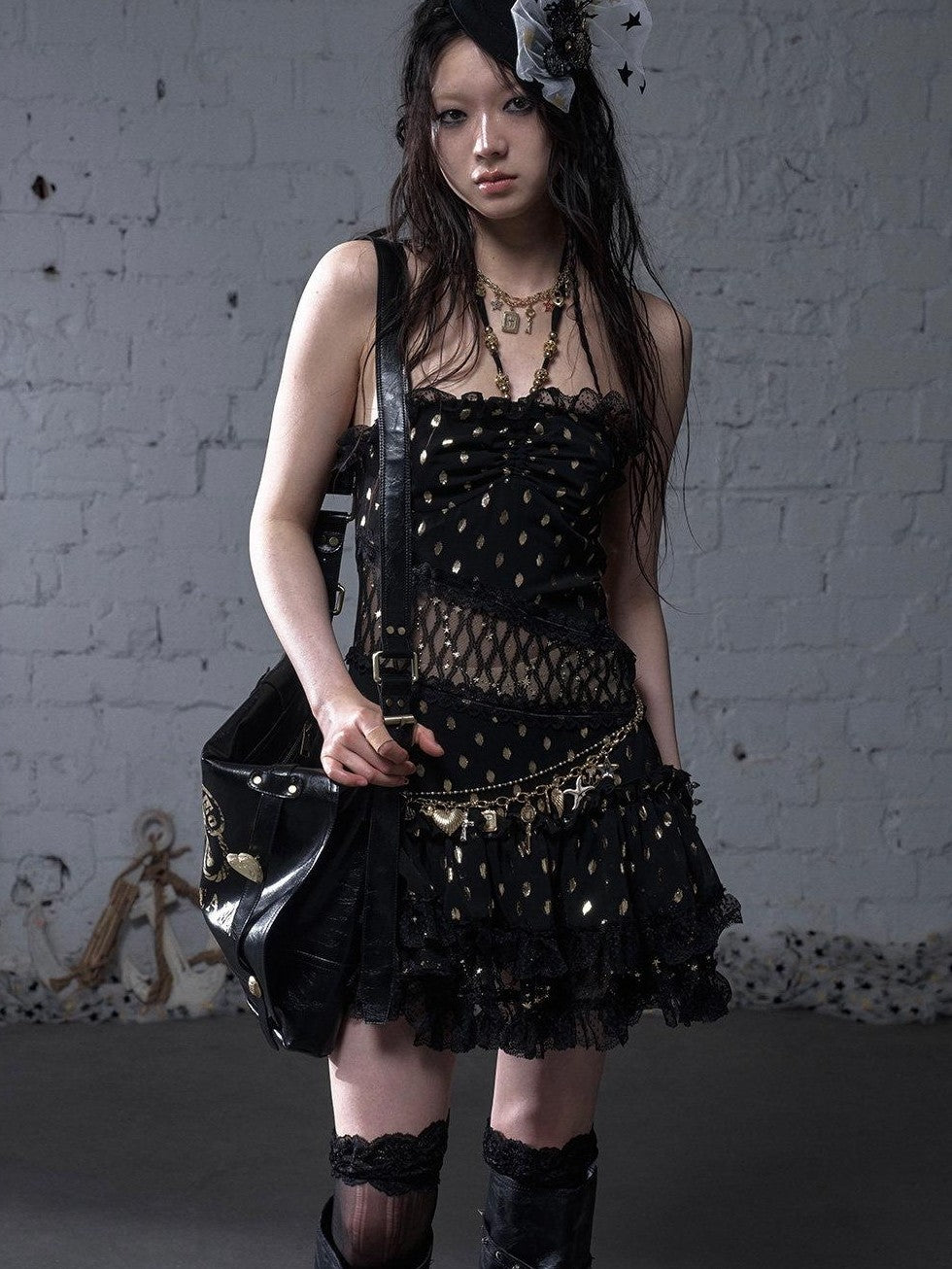 NO ROMANCE Retro Polka Dot Gold Foil Lace Halter Women'S Polyester Strapless Mini Dresses