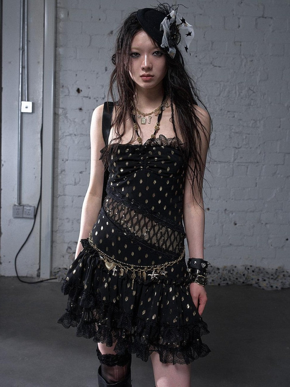 NO ROMANCE Retro Polka Dot Gold Foil Lace Halter Women'S Polyester Strapless Mini Dresses