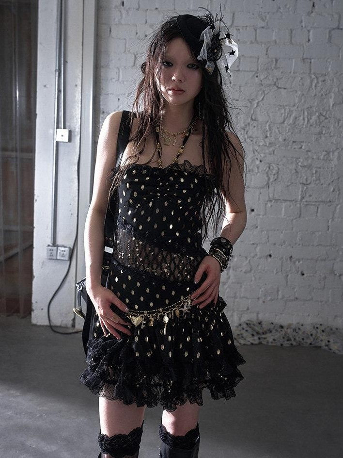 NO ROMANCE Retro Polka Dot Gold Foil Lace Halter Women'S Polyester Strapless Mini Dresses