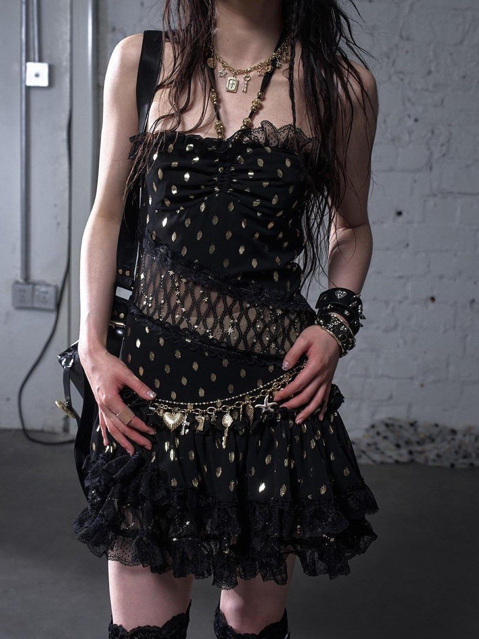 NO ROMANCE Retro Polka Dot Gold Foil Lace Halter Women'S Polyester Strapless Mini Dresses