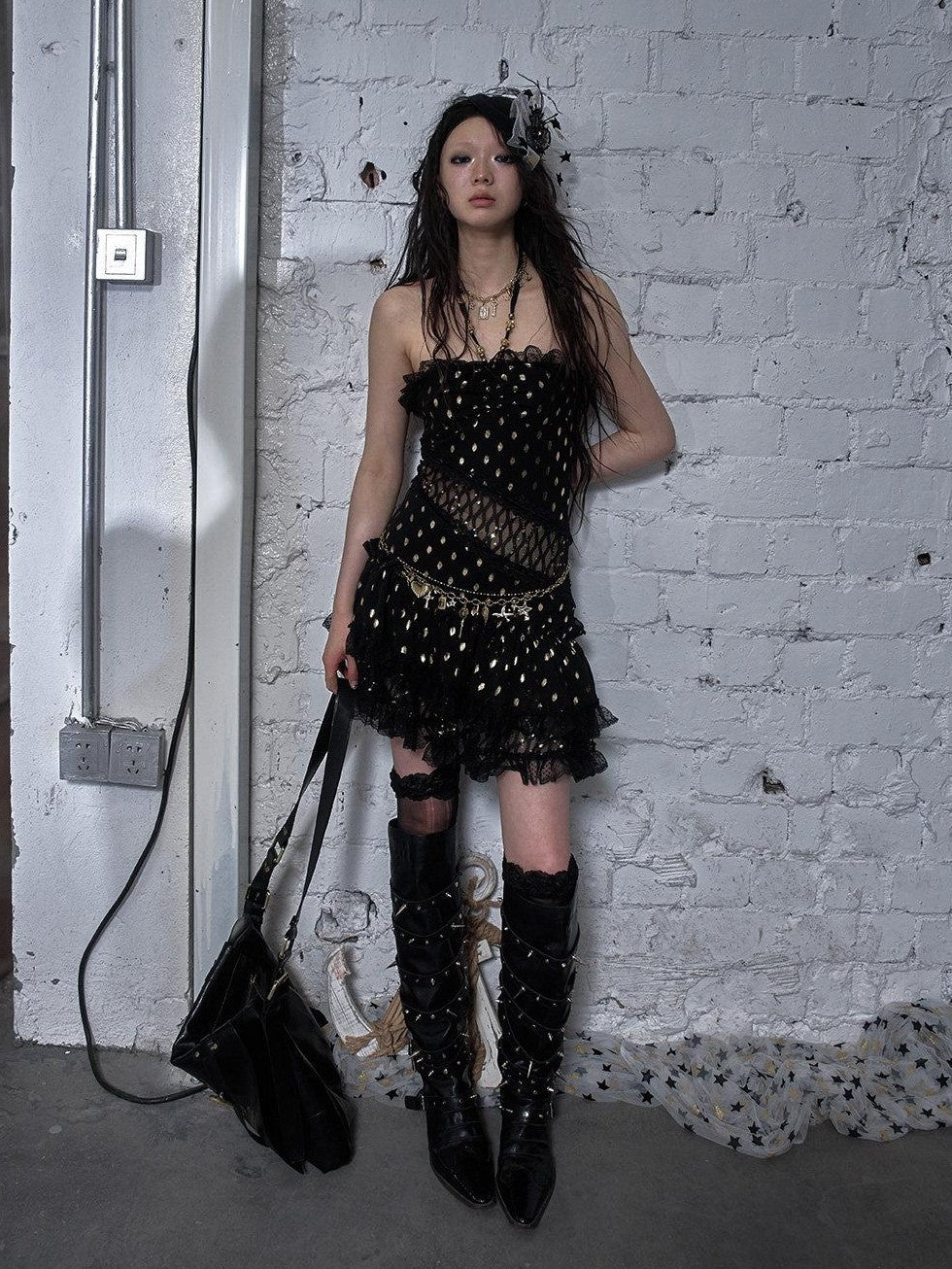 NO ROMANCE Retro Polka Dot Gold Foil Lace Halter Women'S Polyester Strapless Mini Dresses