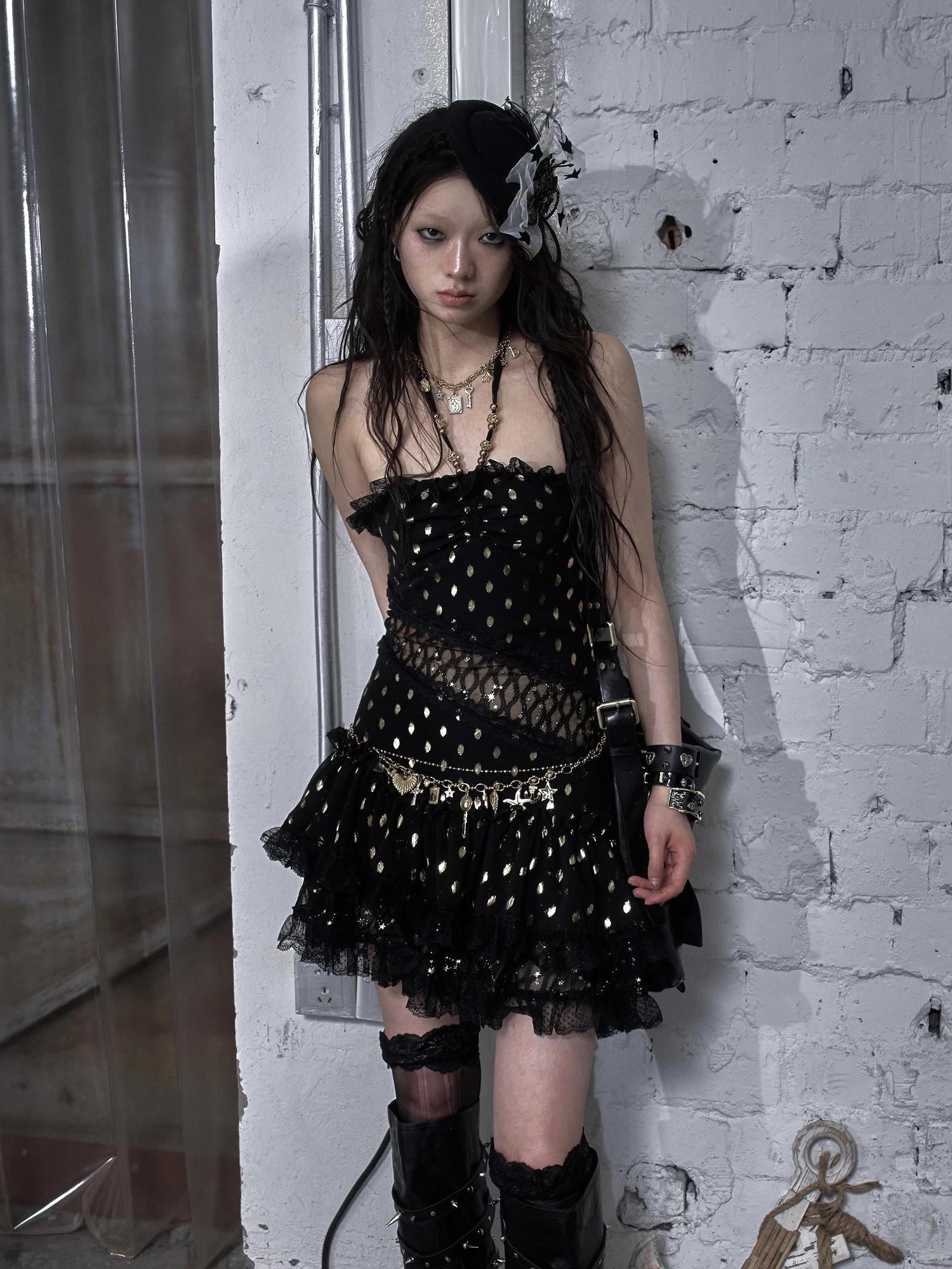 NO ROMANCE Retro Polka Dot Gold Foil Lace Halter Women'S Polyester Strapless Mini Dresses