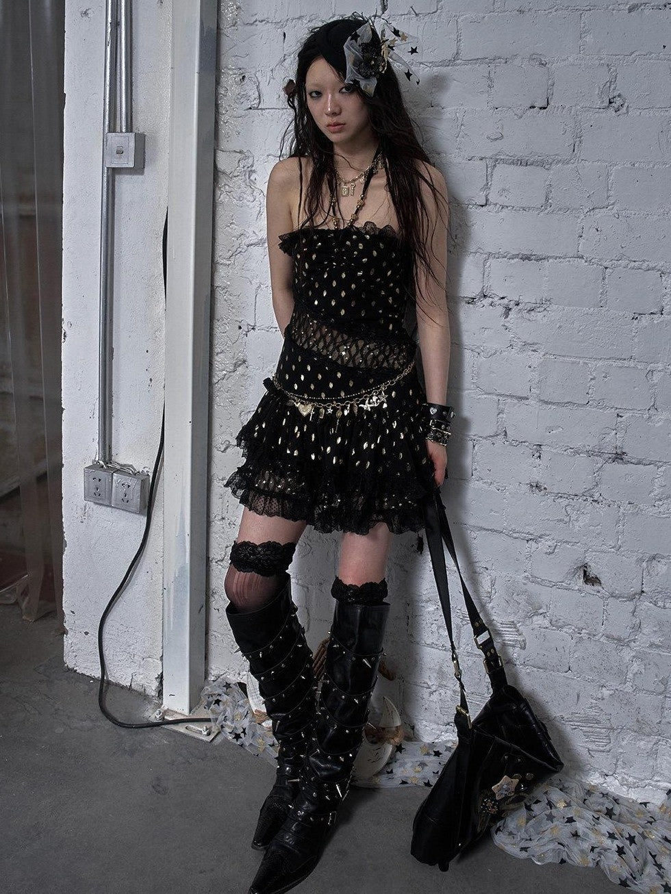 NO ROMANCE Retro Polka Dot Gold Foil Lace Halter Women'S Polyester Strapless Mini Dresses
