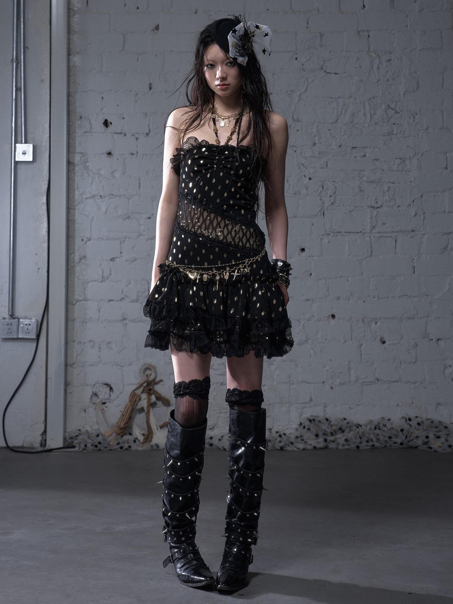 NO ROMANCE Retro Polka Dot Gold Foil Lace Halter Women'S Polyester Strapless Mini Dresses