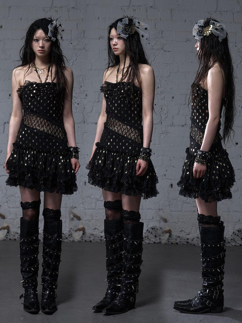 NO ROMANCE Retro Polka Dot Gold Foil Lace Halter Women'S Polyester Strapless Mini Dresses