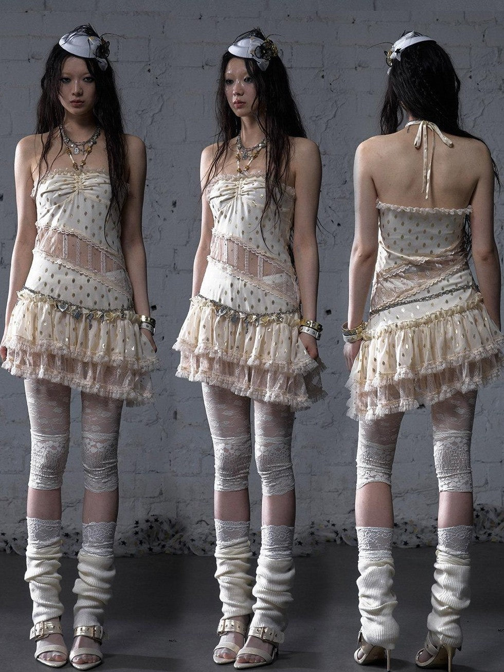 NO ROMANCE Retro Polka Dot Gold Foil Lace Halter Women'S Polyester Strapless Mini Dresses