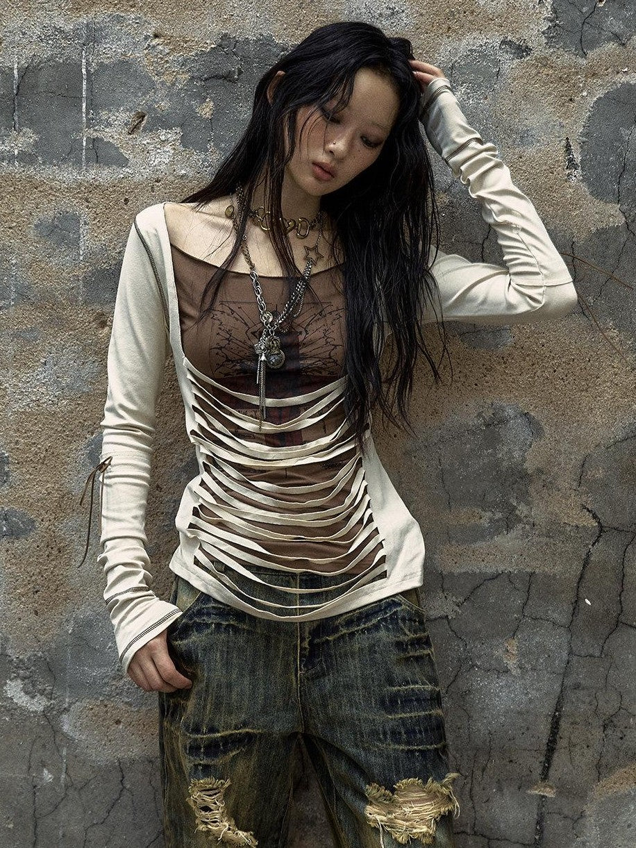 NO ROMANCE Reversible Striped Punk Slim Knit Women'S Cotton Stretch Long Sleeve T-Shirts
