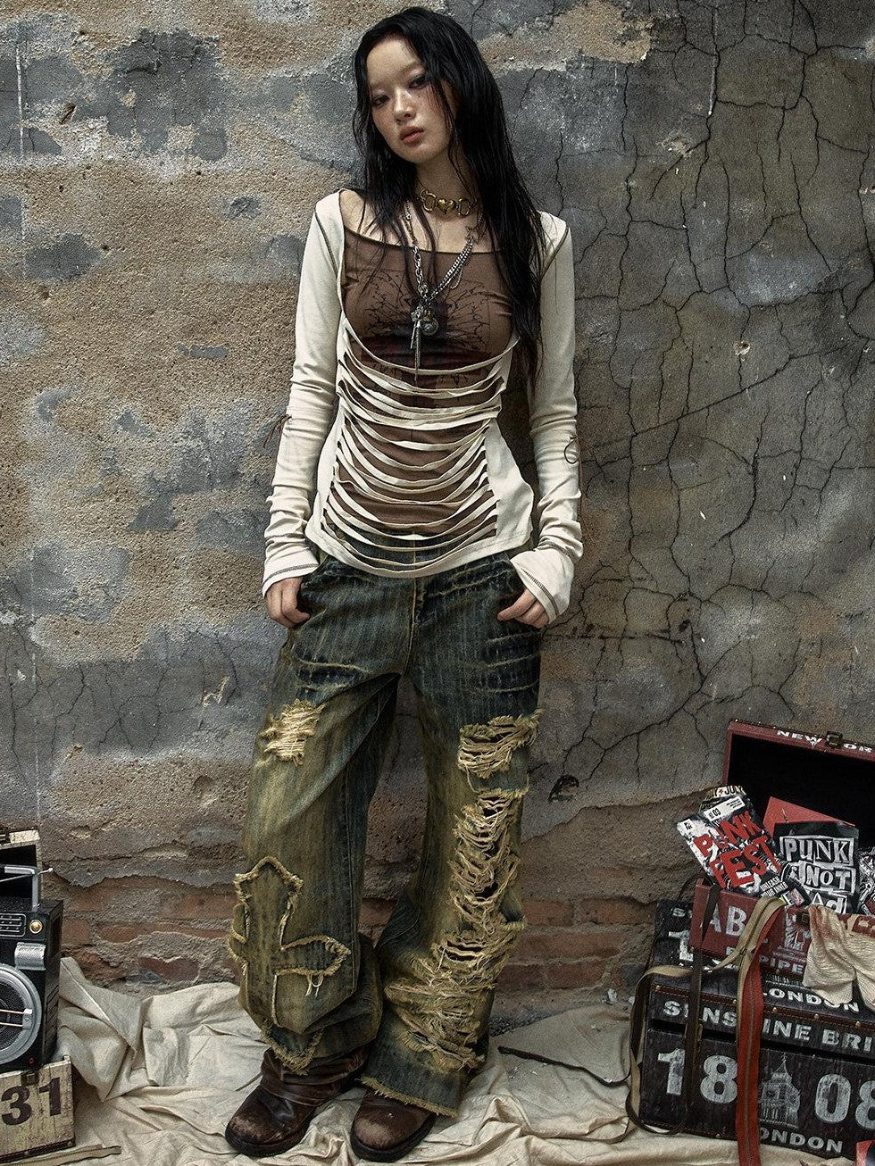 NO ROMANCE Reversible Striped Punk Slim Knit Women'S Cotton Stretch Long Sleeve T-Shirts