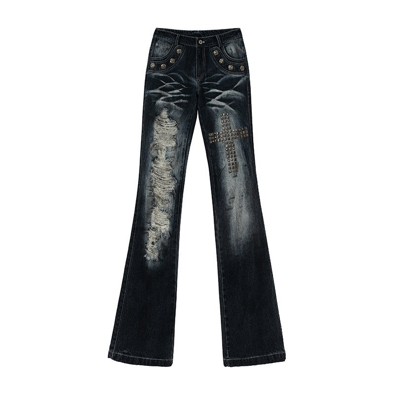 NO_ROMANCE_Rhinestone_Washed_Distressed_High_Waist_Slim_Women'S_Cotton_Blend_Straight_Jeans_MISSTT