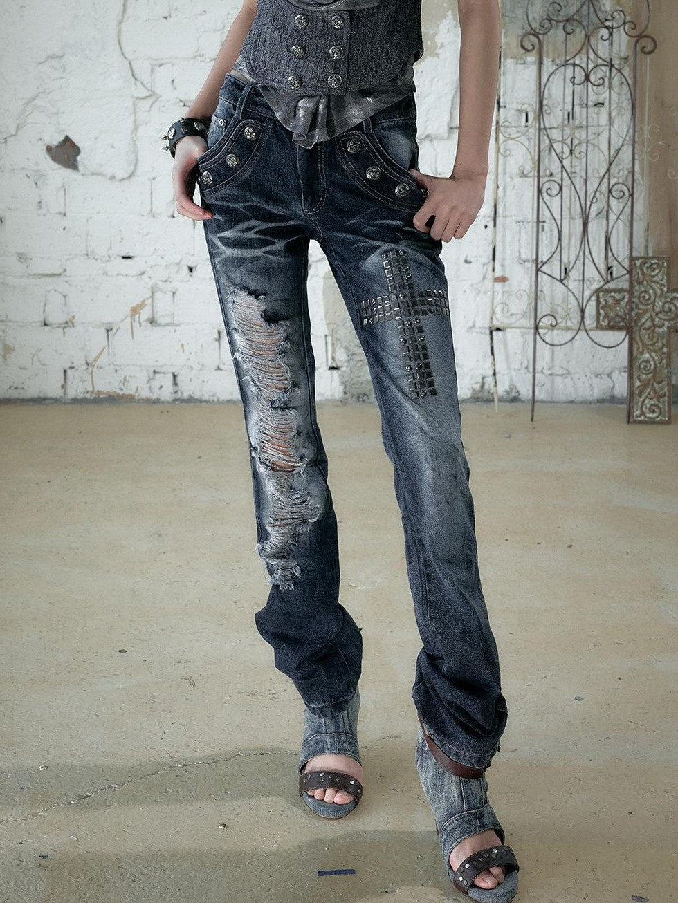 NO ROMANCE Rhinestone Washed Distressed High Waist Slim Women'S Cotton Blend Straight Jeans