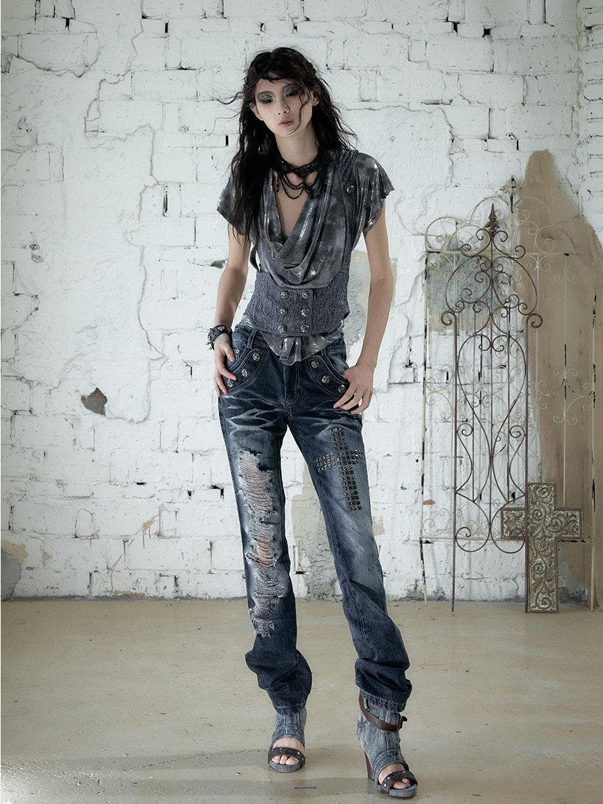 NO ROMANCE Rhinestone Washed Distressed High Waist Slim Women'S Cotton Blend Straight Jeans